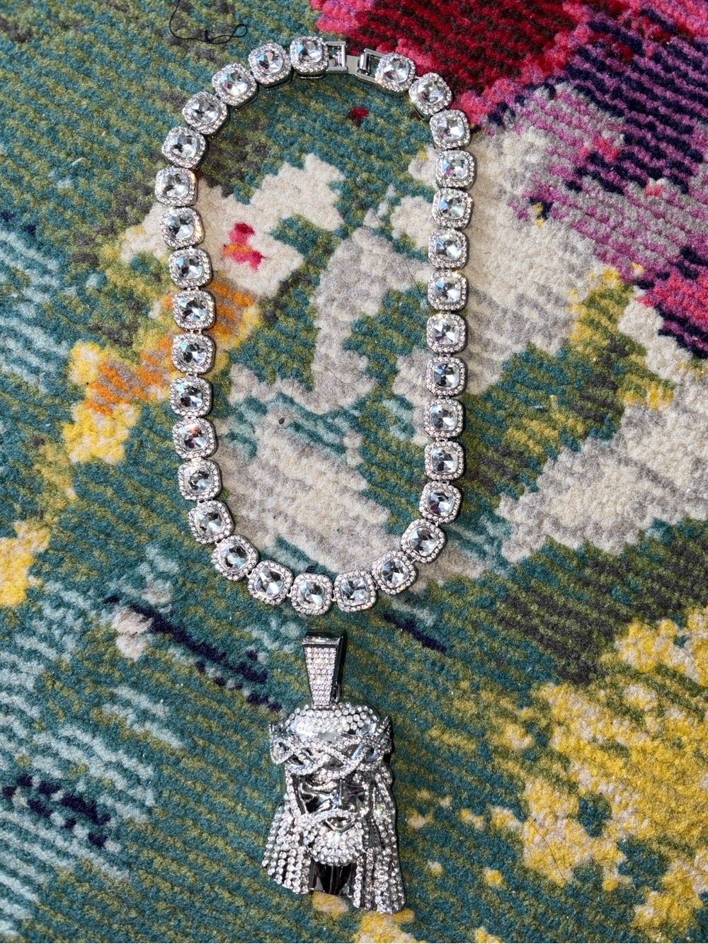 Iced Out Silver-Tone Jesus Face Pendant Necklace with Crystal Cuban Link Chain